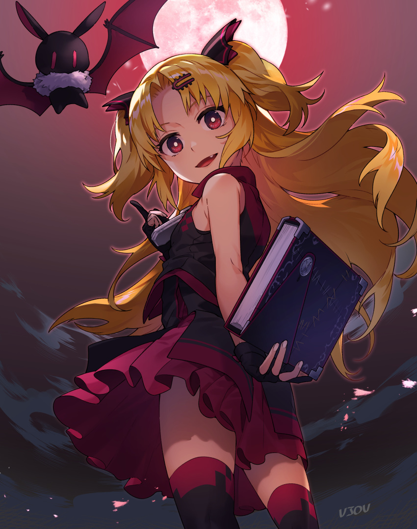 1girl, :d, absurdres, akatsuki_uni, bat, bat_wings, blonde_hair, book