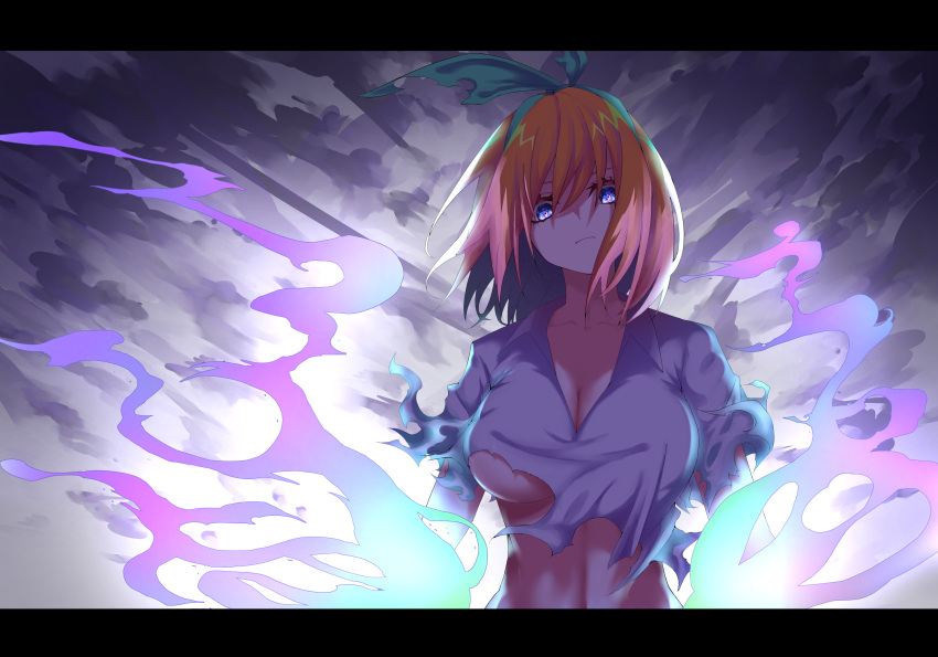 1girl, bangs, blue_eyes, breasts, energy, glowing, go-toubun_no_hanayome, green_ribbon