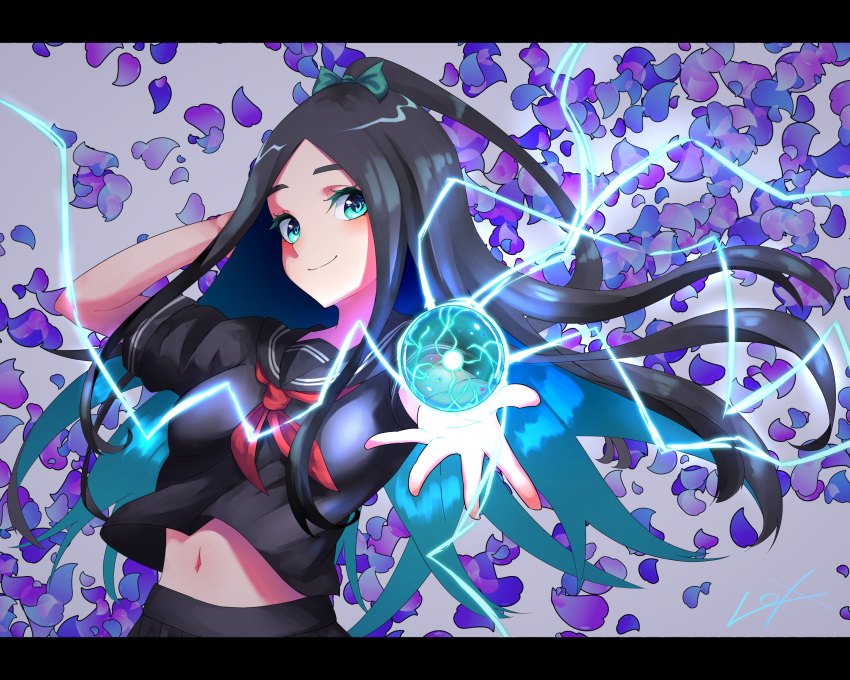 1girl, bangs, black_hair, blue_eyes, bow, electricity, go-toubun_no_hanayome, hair_bow