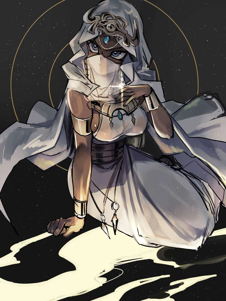 1girl, black_background, blue_eyes, breasts, dark_skin, dress, ishizu_ishtar, long_dress
