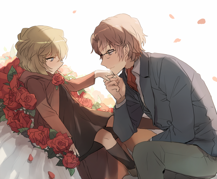 1boy, 1girl, black_dress, blue_jacket, brown_cape, brown_hair, cape, collared_shirt