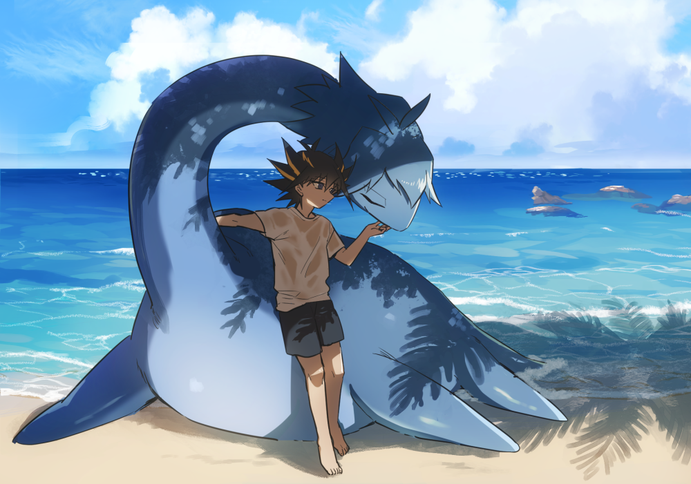 1boy, bangs, barefoot, beach, black_eyes, black_hair, black_shorts, character_request