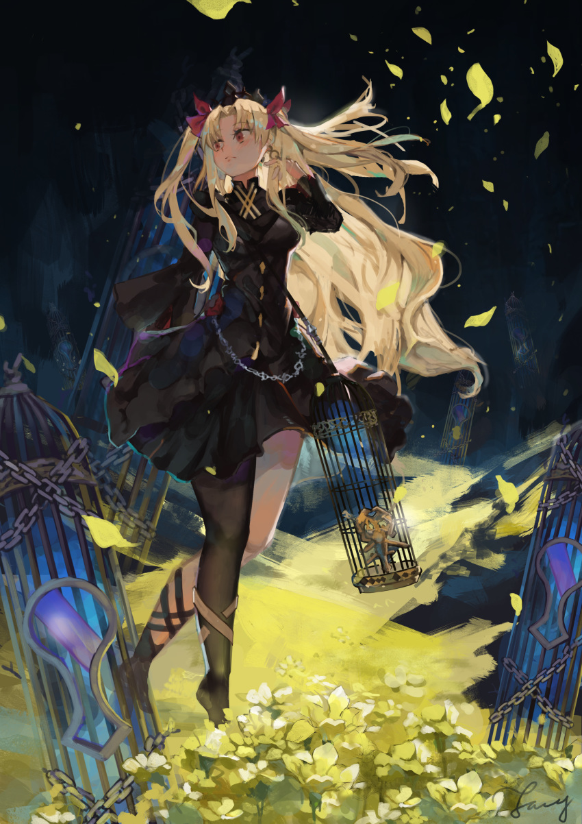 1girl, absurdres, bangs, birdcage, black_dress, blonde_hair, blush, bow, cage, chain, crown, dress, earrings, ereshkigal_(fate/grand_order), fang_qiao, fate/grand_order, fate_(series), floating_hair, flower, flowing_dress, full_body, gold_trim, hair_ornament, highres, hoop_earrings, jewelry, long_hair, long_sleeves, looking_to_the_side, parted_bangs, petals, red_bow, red_eyes, solo, tiara, twintails