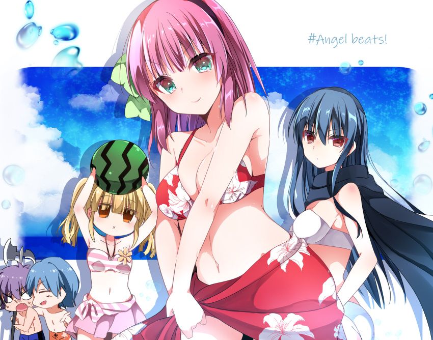 2boys, 3girls, angel_beats!, bikini, bikini_skirt, blonde_hair, blue_hair, breasts