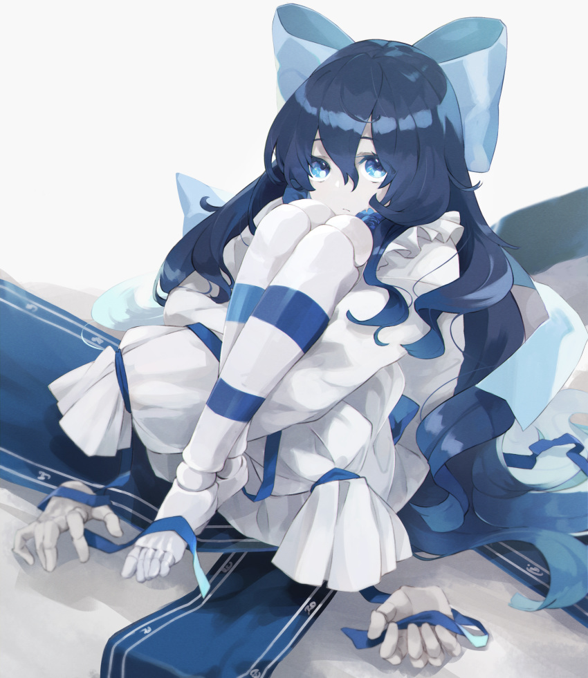 1girl, absurdres, barefoot, black_hair, blue_eyes, bow, doll, doll_joints