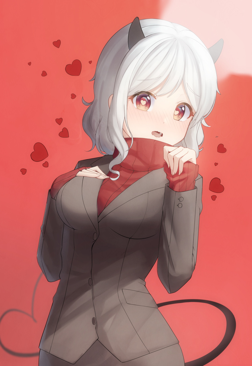 1girl, absurdres, bangs, black_horns, black_suit, blush, breasts, commentary_request