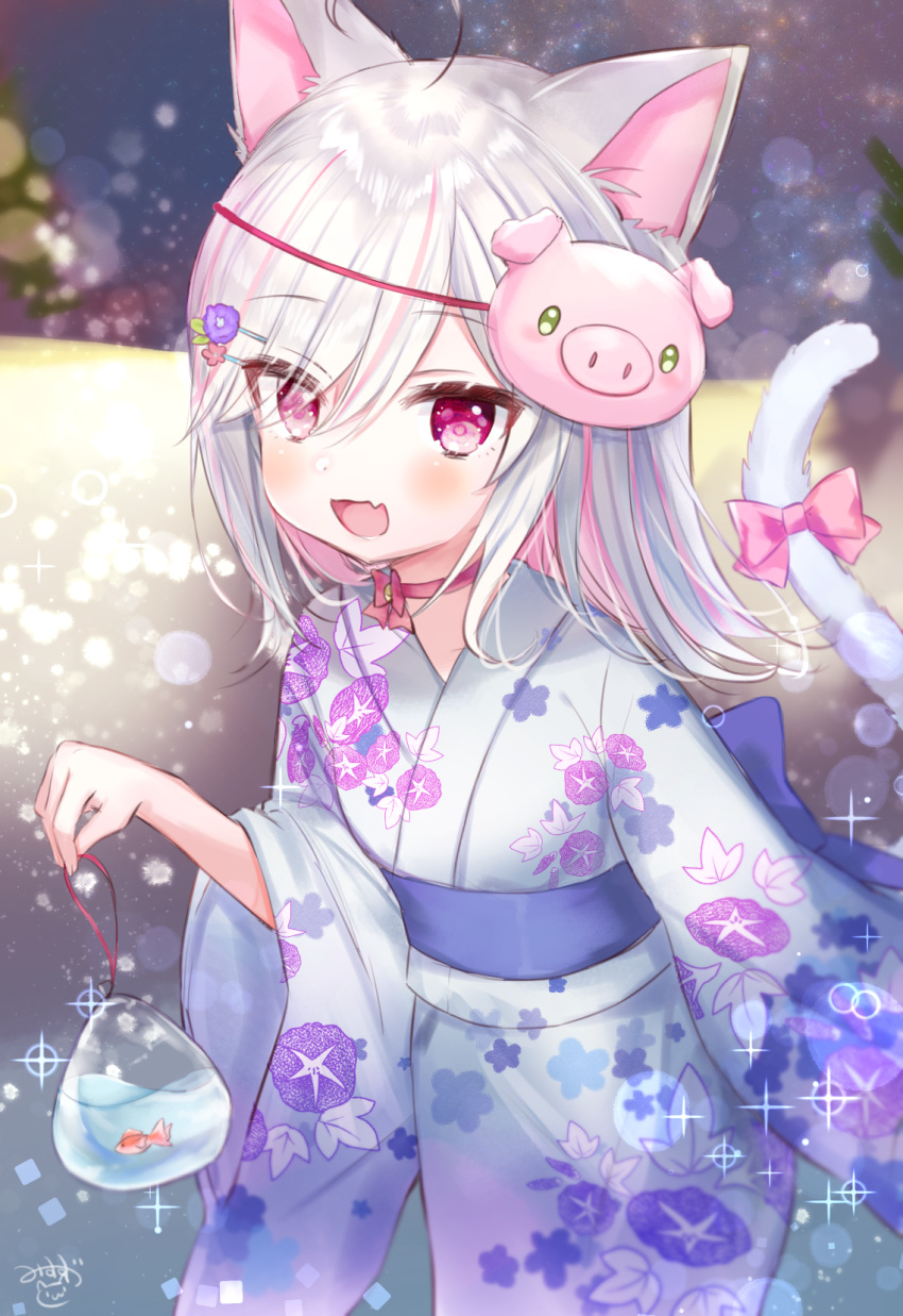 1girl, :d, animal_ears, bag, bagged_fish, bow, cat_ears, cat_tail