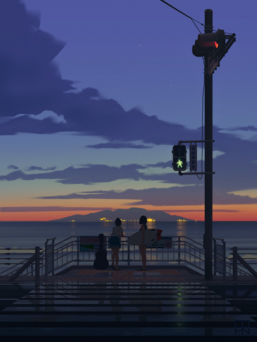 2girls, bysau, guitar_case, highres, instrument_case, island, kamakura_(city), multiple_girls