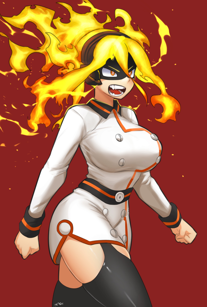 1girl, black_legwear, boku_no_hero_academia, breasts, burnin_(boku_no_hero_academia), clenched_hands, cowboy_shot, domino_mask