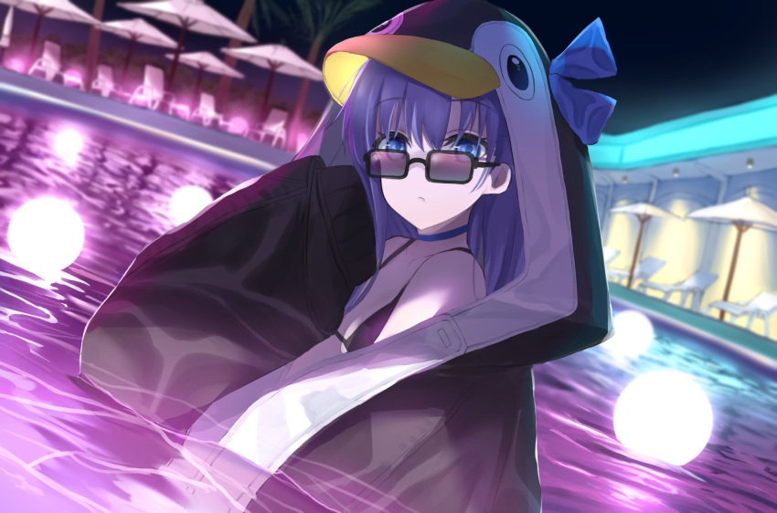 1girl, animal_hood, asagi_futsuka, bangs, bare_shoulders, bikini, black_bikini, black_jacket, blue_bow, blue_eyes, bow, breasts, choker, closed_mouth, fate/grand_order, fate_(series), highres, hood, hood_up, jacket, long_hair, long_sleeves, looking_at_viewer, meltryllis, meltryllis_(swimsuit_lancer)_(fate), night, night_sky, penguin_hood, pool, purple_hair, sky, sleeves_past_fingers, sleeves_past_wrists, small_breasts, sunglasses, swimming, swimsuit, very_long_hair, water