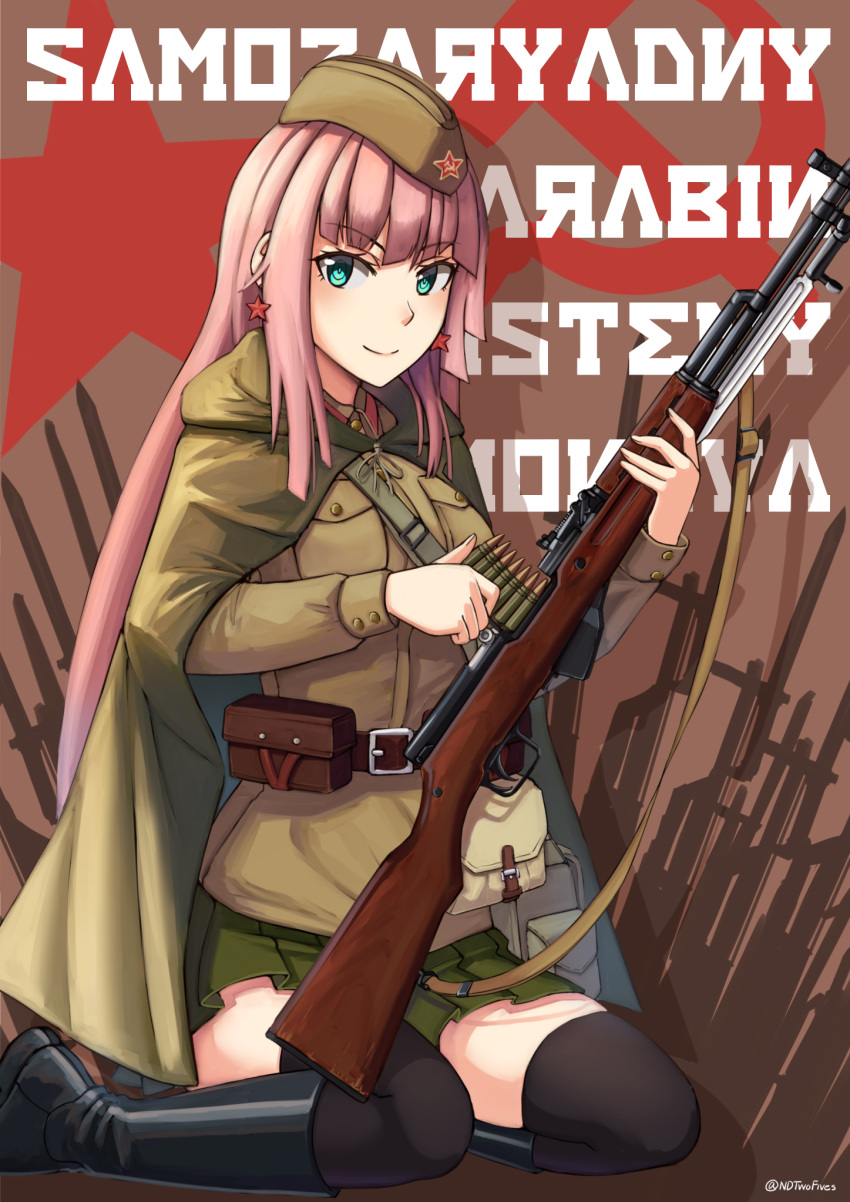 1girl, bangs, black_footwear, black_legwear, boots, brown_headwear, brown_shirt, cape, closed_mouth, commentary_request, earrings, eyebrows_visible_through_hair, garrison_cap, girls_frontline, green_cape, green_eyes, green_skirt, gun, hammer_and_sickle, hat, highres, holding, holding_gun, holding_weapon, hood, hood_down, hooded_cape, jewelry, knee_boots, long_hair, long_sleeves, looking_at_viewer, ndtwofives, object_namesake, pink_hair, pleated_skirt, red_star, reloading, rifle, shirt, simonov_(girls_frontline), sitting, skirt, sks, smile, solo, star_(symbol), star_earrings, thigh-highs, translation_request, twitter_username, very_long_hair, wariza, weapon