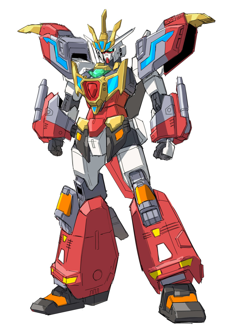 absurdres, blue_eyes, clenched_hands, core_gundam, crossover, denkou_choujin_gridman, fusion, glowing, glowing_eyes, gundam, gundam_build_divers, gundam_build_divers_re:rise, highres, king_gridman, mecha, no_humans, solo, standing, sukekiyo56, weapon, white_background