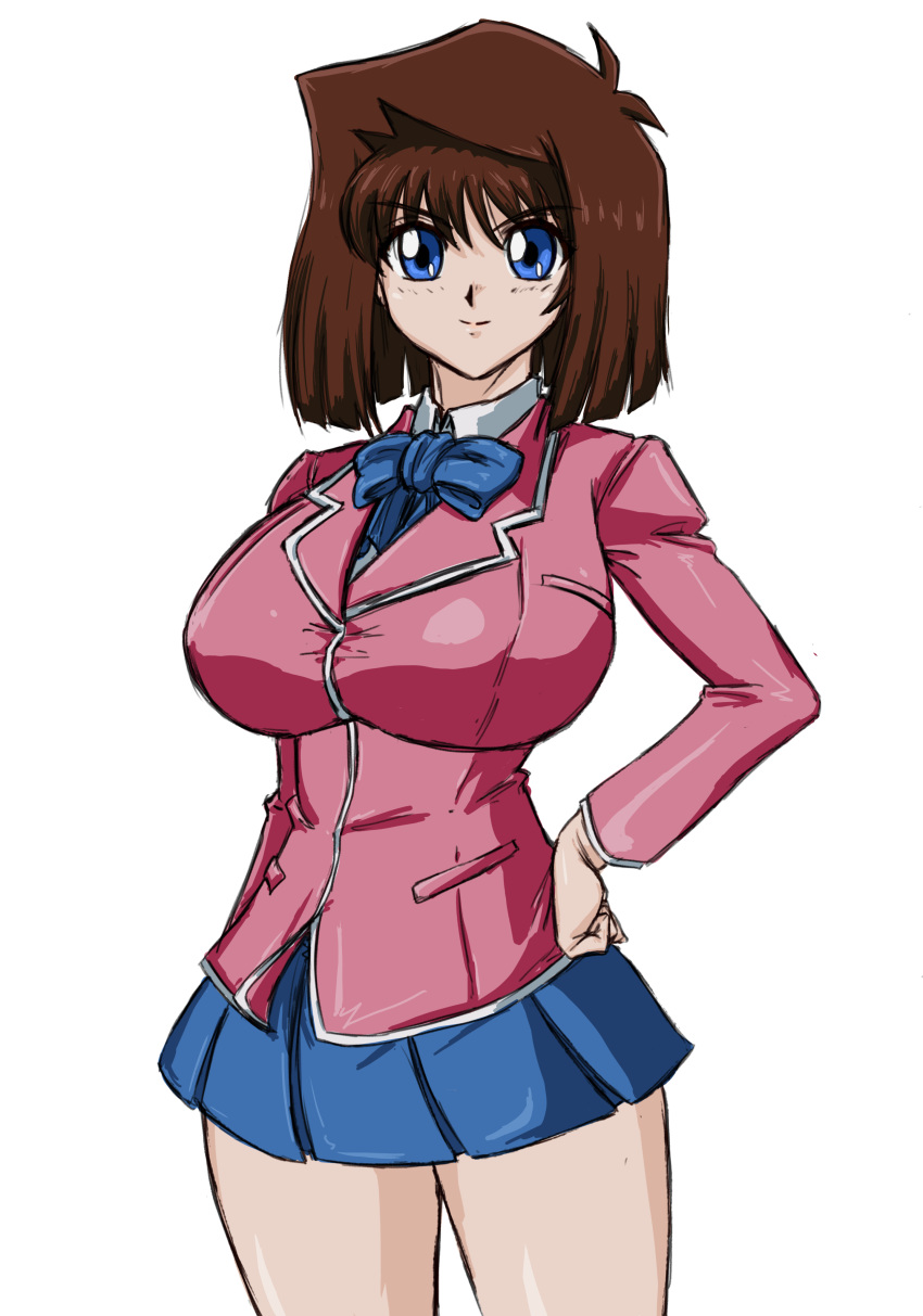 1girl, absurdres, blazer, blue_eyes, blue_skirt, breasts, brown_hair, closed_mouth