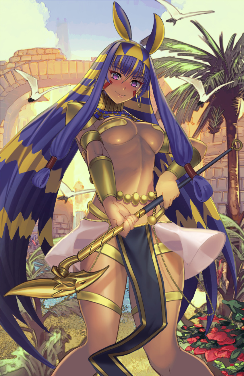 1girl, animal_ears, armlet, bangs, belly_chain, bird, blonde_hair, blue_sky