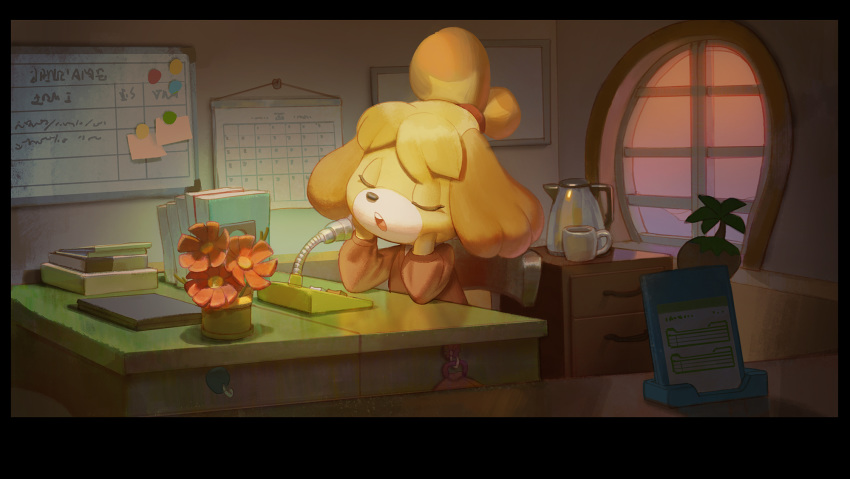 1girl, animal_ears, bag, bangs, black_border, blonde_hair, book, border, brown_sweater, calendar_(object), chair, chin_rest, closed_eyes, computer, cup, desk, dog_ears, doubutsu_no_mori, english_commentary, et.m, flat_chest, flower, furry, hair_tie, hands_up, highres, indoors, intercom, kettle, laptop, microphone, mug, open_mouth, red_flower, shiny, shiny_hair, shizue_(doubutsu_no_mori), short_hair, sign, sitting, sleeping, solo, sticky_note, sunrise, sweater, teeth, tied_hair, topknot, upper_body, whiteboard, window