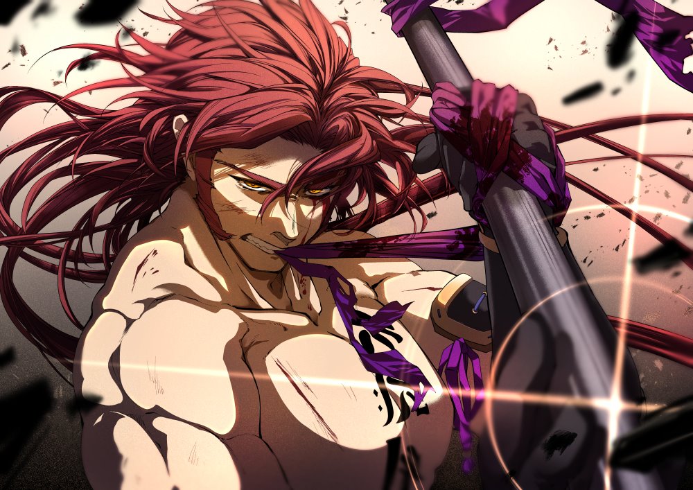 1boy, bara, blood, bloody_clothes, chest, fighting_stance, japanese_clothes, long_hair