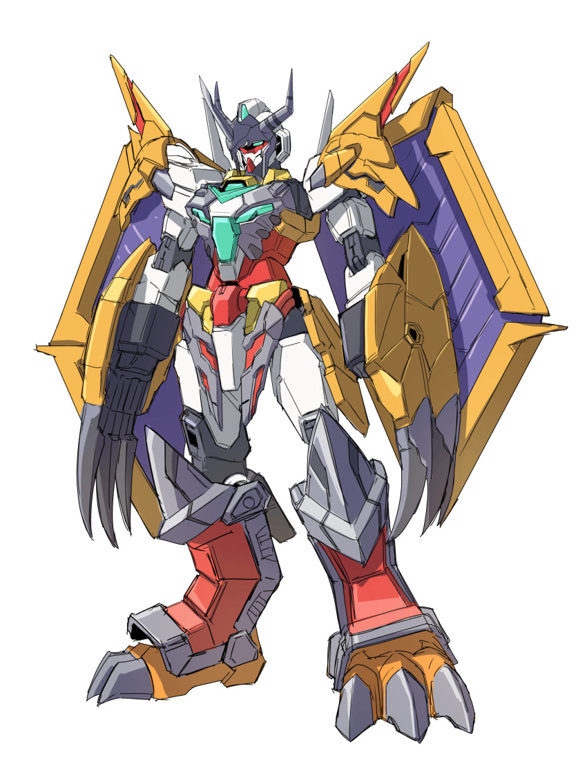 absurdres, aqua_eyes, claws, core_gundam_ii, crossover, digimon, fusion, gundam, gundam_build_divers, gundam_build_divers_re:rise, highres, mecha, mechanical_wings, no_humans, solo, standing, sukekiyo56, wargreymon, white_background, wings