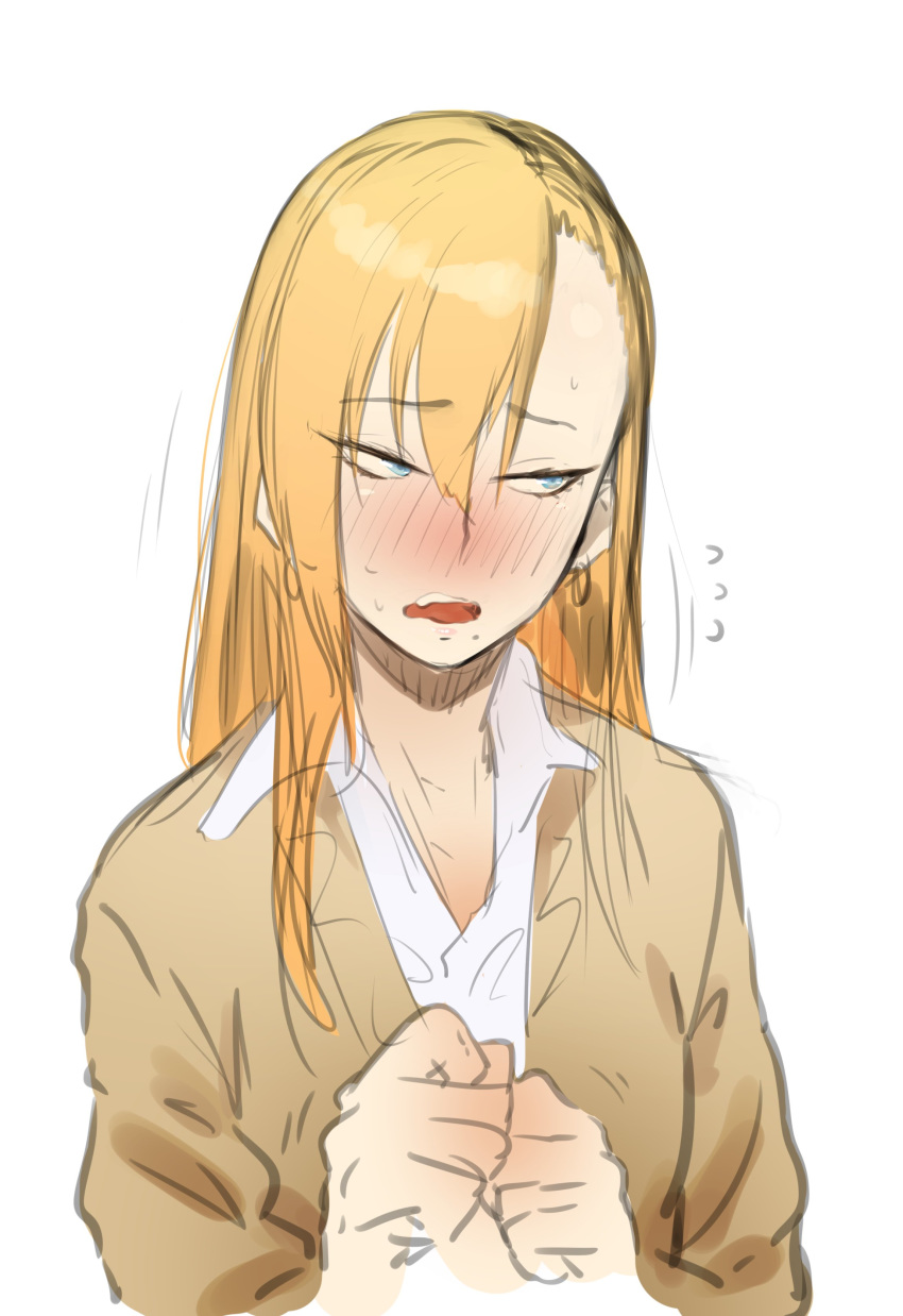 1girl, absurdres, bangs, blonde_hair, blue_eyes, blush, cardigan, collared_shirt