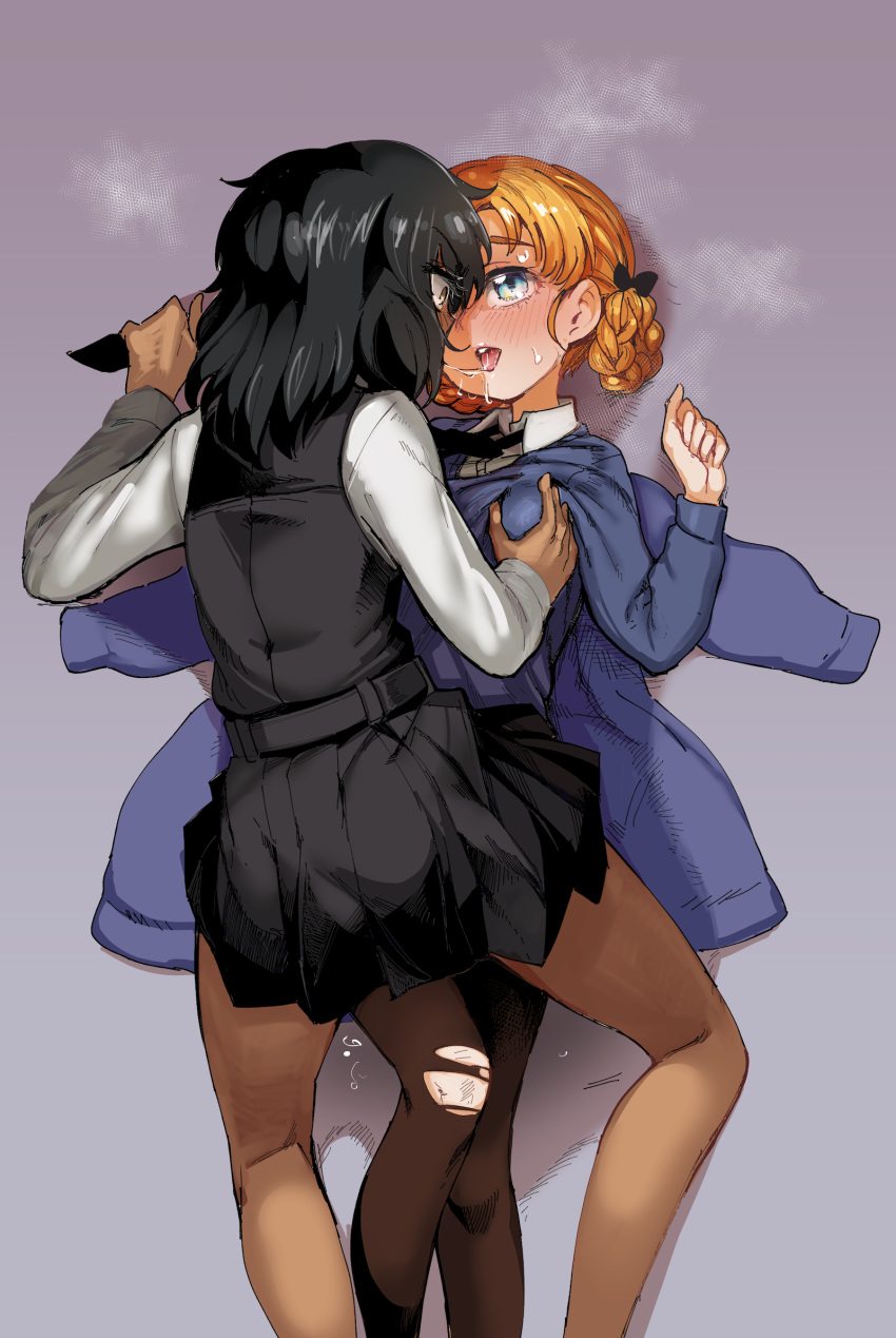2girls, after_kiss, andou_(girls_und_panzer), aomushi_(mushamusha), bangs, bc_freedom_school_uniform, black_hair, blonde_hair, blue_eyes, blush, braid, breast_grab, dark_skin, girls_und_panzer, girls_und_panzer_saishuushou, grabbing, highres, long_sleeves, medium_hair, messy_hair, multiple_girls, open_mouth, orange_hair, orange_pekoe_(girls_und_panzer), pleated_skirt, saliva, saliva_trail, school_uniform, shirt, short_hair, skirt, st._gloriana's_school_uniform, sweat, tied_hair, torn_clothes, torn_legwear, twin_braids, yuri