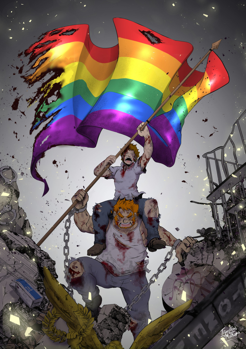 2boys, absurdres, artist_name, bara, beard, black_eyes, blood, blood_on_face