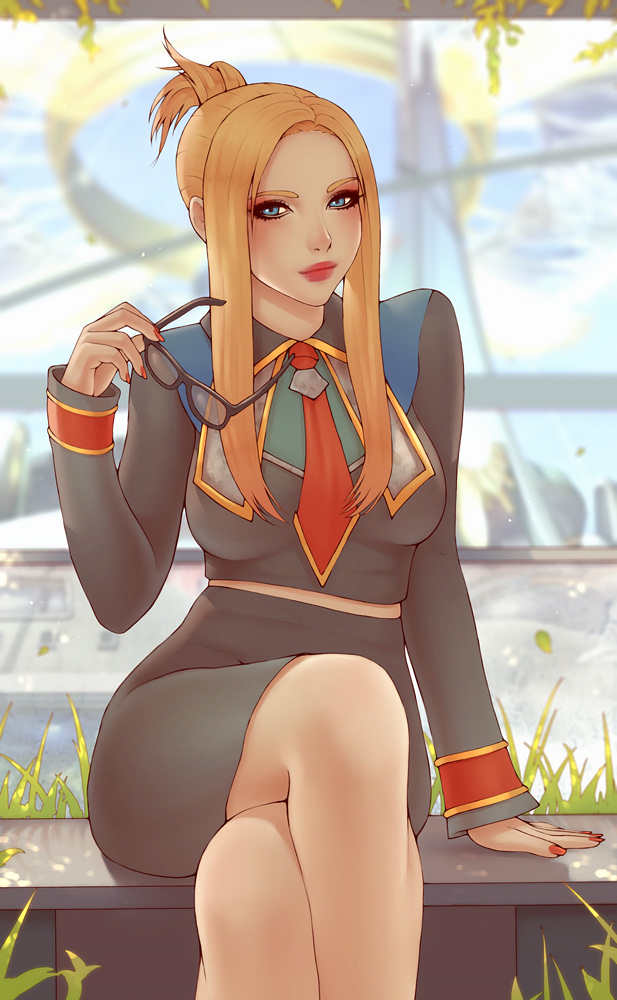 1girl, black-framed_eyewear, blonde_hair, blue_eyes, blurry, blurry_background, breasts, english_commentary