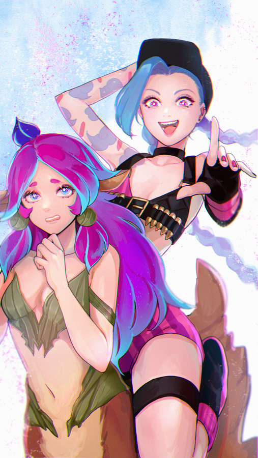 animal_ears, bare_shoulders, blue_hair, braid, centaur, dryad, fingerless_gloves, gloves, horseback_riding, jinx_(league_of_legends), league_of_legends, lillia_(league_of_legends), long_hair, looking_at_viewer, monster_girl, multiple_girls, navel, open_mouth, pointy_ears, purple_hair, riding, shorts, smile, suku_(downy), tail, tattoo, twin_braids, twintails, very_long_hair