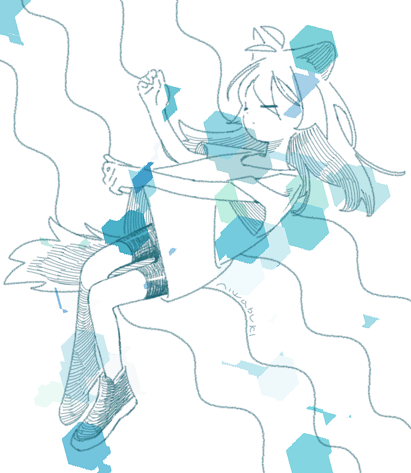 1girl, abstract_background, animal_ears, antenna_hair, aqua_theme, bangs, bike_shorts, blue_theme