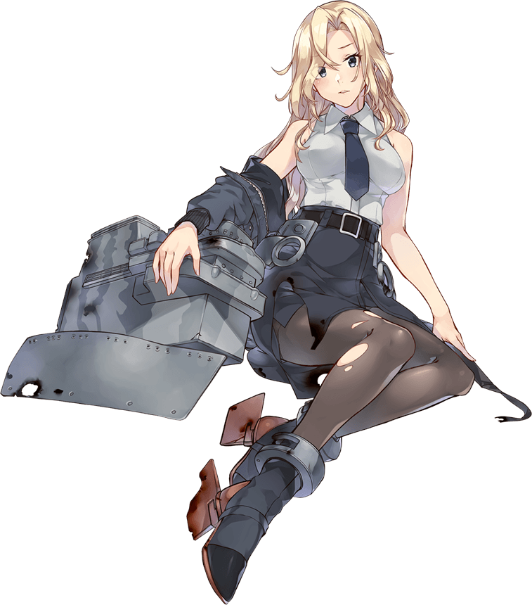 1girl, aircraft_catapult, blonde_hair, breasts, collared_shirt, flight_deck, full_body, grey_eyes, gun, hornet_(kantai_collection), jacket, kantai_collection, konishi_(koconatu), long_hair, machinery, necktie, official_art, pantyhose, rifle, shirt, skirt, torn_clothes, transparent_background, weapon