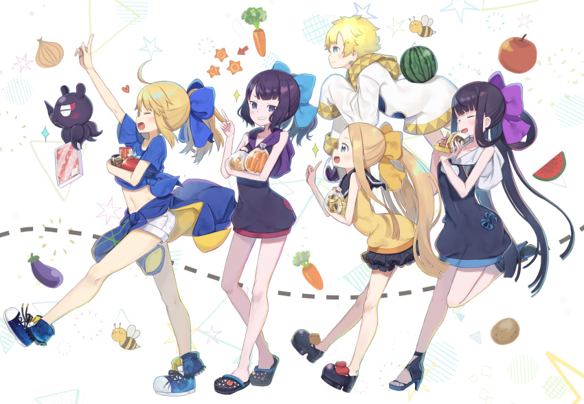 1boy, 4girls, abigail_williams_(fate/grand_order), absurdres, arm_up, arrow_(symbol), artoria_pendragon_(all), bag