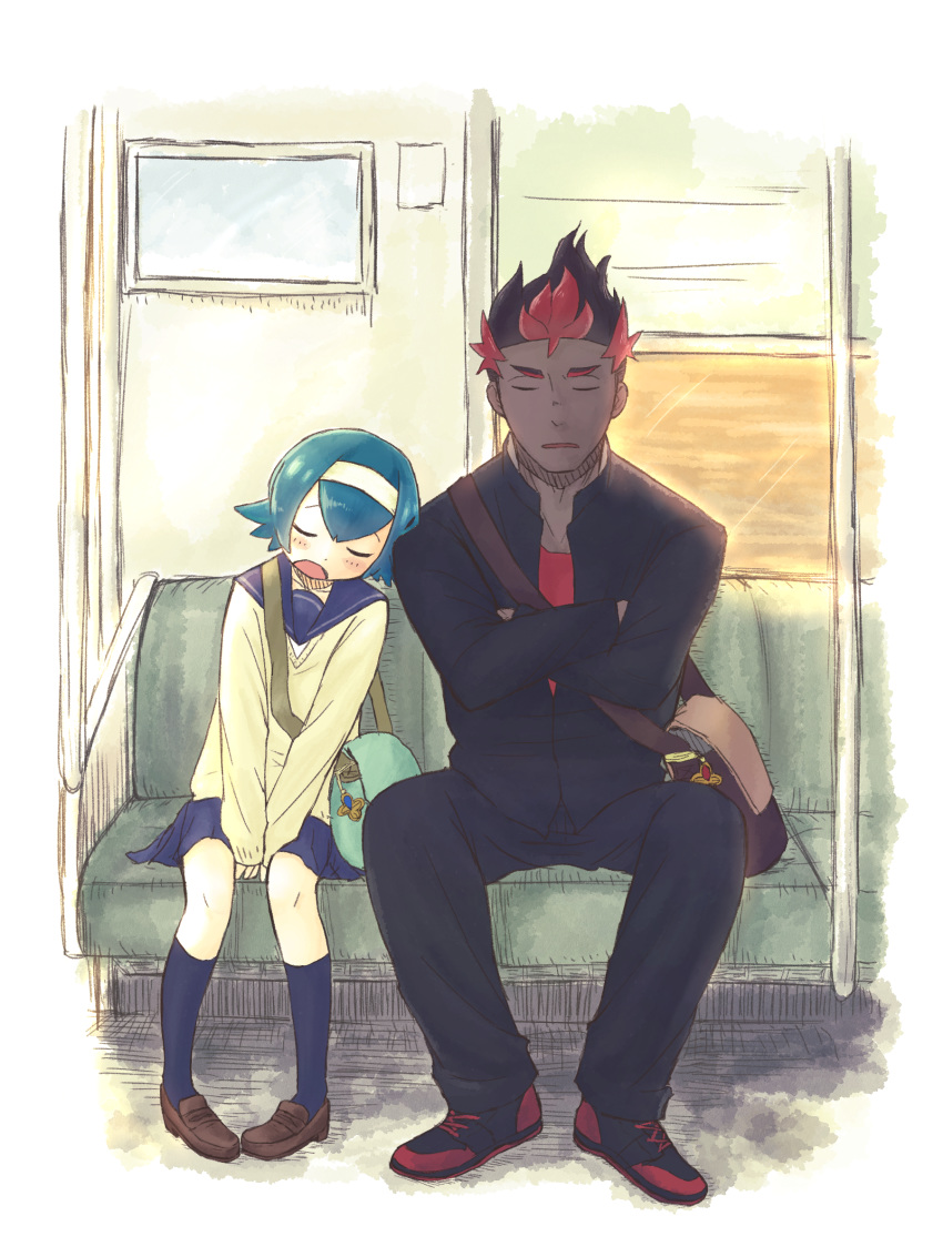 1boy, 1girl, absurdres, alternate_costume, bangs, between_legs, blue_hair, blush, brown_footwear, closed_eyes, commentary_request, dark_skin, dark_skinned_male, hairband, hand_between_legs, highres, kaki_(pokemon), open_mouth, pigeon-toed, pleated_skirt, pokemon, pokemon_(game), pokemon_sm, school_uniform, shiny, shiny_hair, shoes, short_hair, sitting, size_difference, skirt, sleeping, socks, suiren_(pokemon), taketiyo200, tongue, train_interior, trial_captain