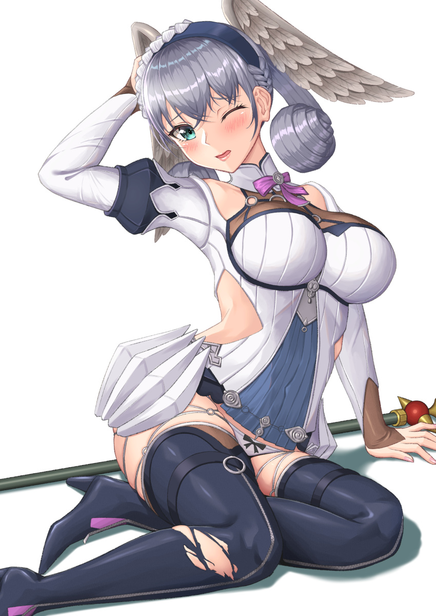 1girl, absurdres, alternate_breast_size, arm_behind_head, blush, braid, breasts, crown_braid