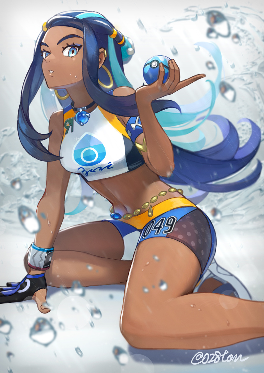 1girl, armlet, belly_chain, black_hair, blue_eyes, breasts, commentary_request, dark_skin