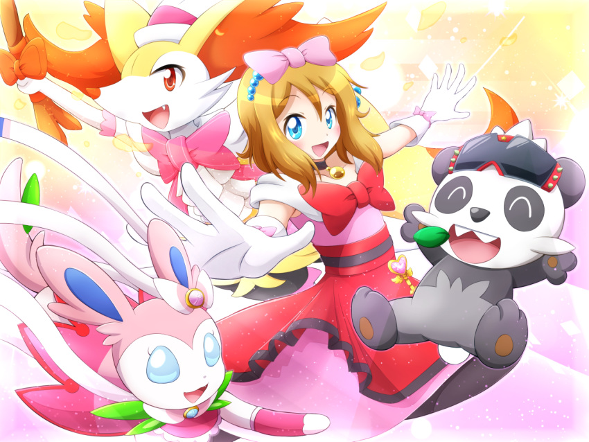 1girl, :d, bangs, blue_eyes, blush, bow, braixen, brown_hair, choker, commentary_request, dress, eyebrows_visible_through_hair, gen_6_pokemon, gloves, gu-rahamu_omega_x, hair_bow, happy, open_mouth, outstretched_arms, pancham, pink_bow, pokemon, pokemon_(anime), pokemon_(creature), pokemon_xy_(anime), red_bow, serena_(pokemon), smile, sylveon, tongue, white_gloves