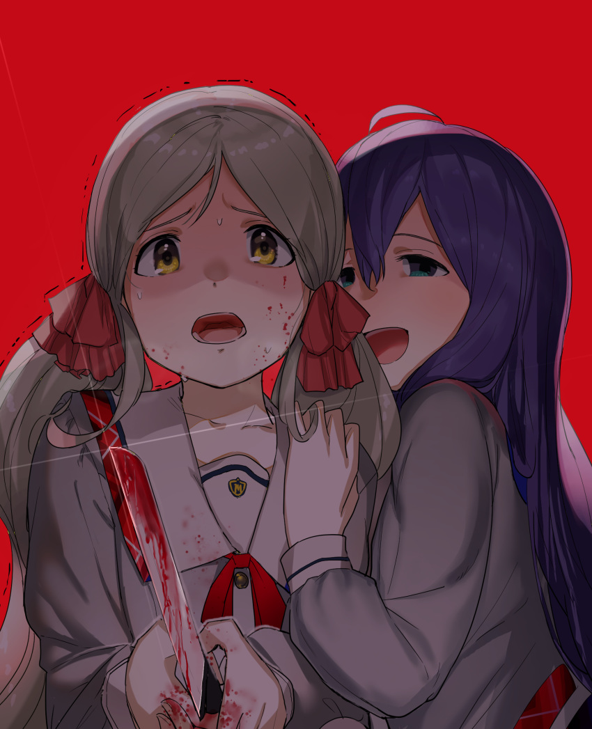 2girls, ahoge, bangs, blood, blood_on_face, bloody_clothes, bloody_hands, bloody_knife