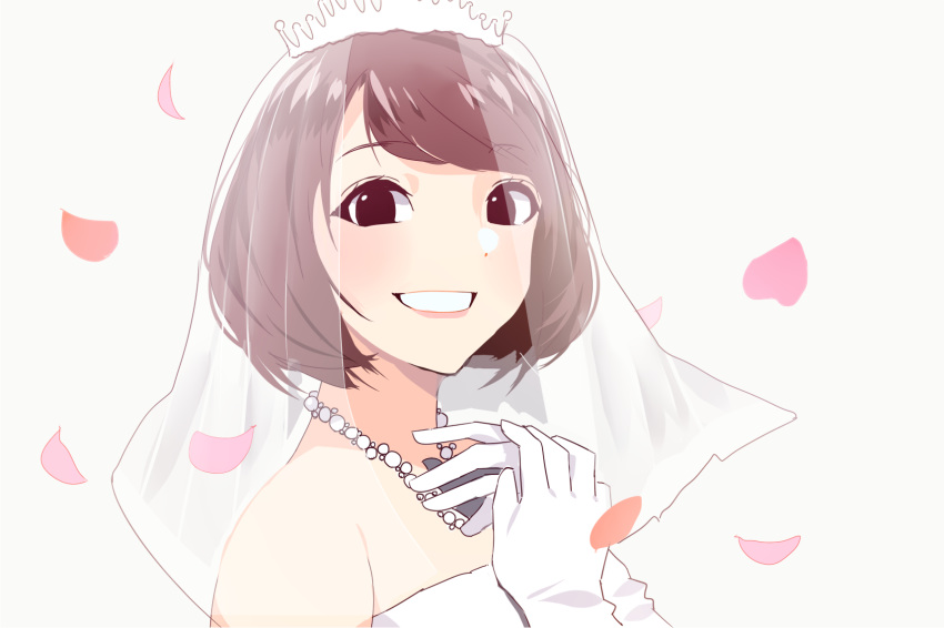 1girl, ameya_shioichi, bangs, bridal_gauntlets, bridal_veil, bride, brown_hair, commentary_request