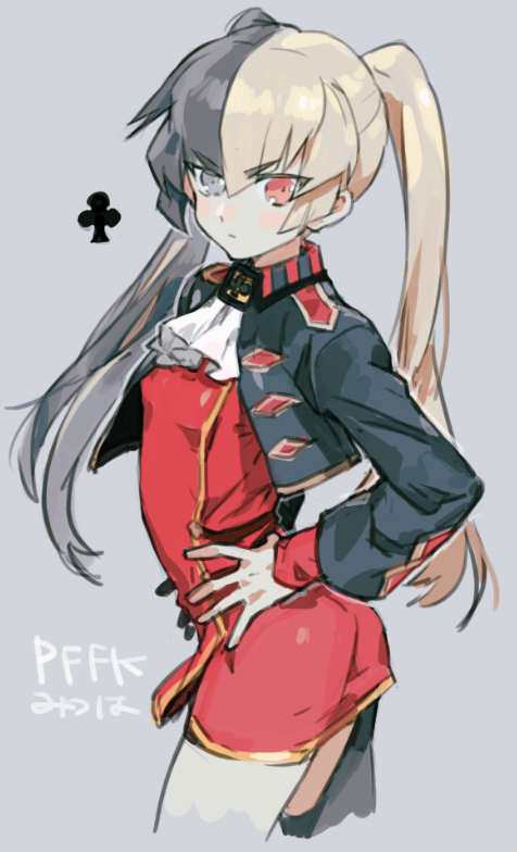 >:(, 1girl, black_eyes, black_hair, blonde_hair, breasts, cravat, cropped_jacket, frown, hands_on_hips, heterochromia, long_hair, mitsuha_guraushiruto, multicolored_hair, nishihara_isao, pixiv_fantasia, pixiv_fantasia_fallen_kings, red_eyes, small_breasts, solo, twintails, two-tone_hair