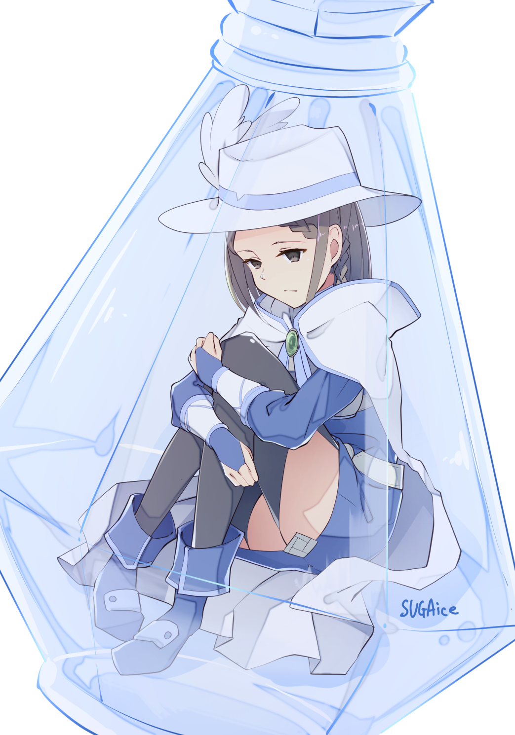 1girl, black_legwear, blue_footwear, blue_jacket, blue_skirt, boots, braid, bridal_gauntlets, brown_eyes, brown_hair, cloak, closed_mouth, frown, hat, hat_feather, highres, ice_delicious, jacket, leg_hug, long_sleeves, looking_down, miniskirt, shigemura_yuuna, shiny, shiny_hair, short_hair, simple_background, single_braid, sitting, skirt, solo, sword_art_online, thigh-highs, white_background, white_cloak, white_feathers, white_headwear