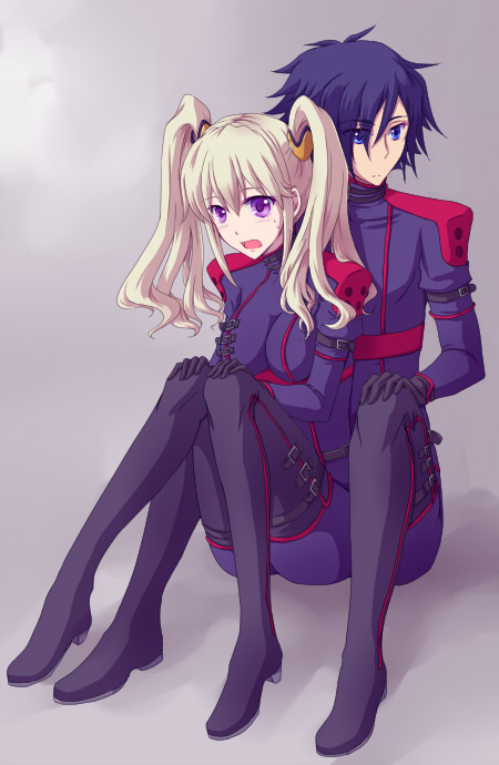 1boy, 1girl, bangs, black_footwear, black_gloves, blue_bodysuit, blue_eyes, blue_hair, blush, bodysuit, boots, breasts, breasts_apart, code_geass:_boukoku_no_akito, couple, eyebrows_visible_through_hair, full_body, gloves, grey_background, hair_between_eyes, hands_on_own_knees, hyuuga_akito, kazumoto_saori, leila_(code_geass), long_hair, medium_breasts, open_mouth, silver_hair, simple_background, sitting, sweatdrop, thigh-highs, thigh_boots, twintails, very_long_hair, violet_eyes