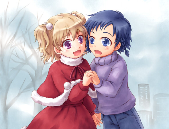 1boy, 1girl, :d, blonde_hair, blue_eyes, blue_hair, blue_pants, blush