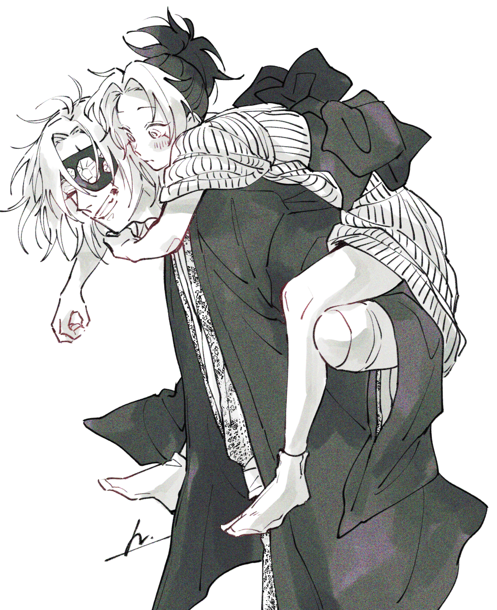 1boy, 1girl, amputee, and_rira, bandaged_arm, bandages, black_hair, blush