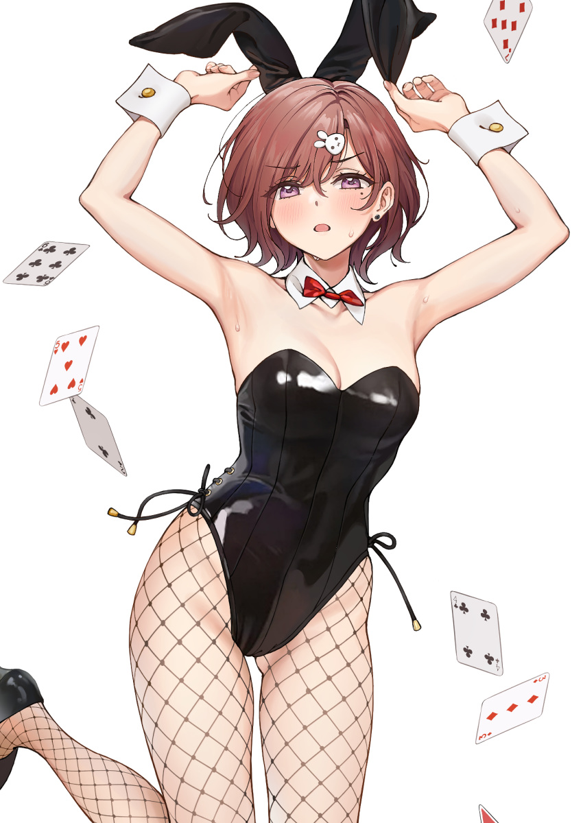 1girl, :o, ameyame, animal_ears, armpits, arms_up, ass_visible_through_thighs, bare_shoulders, black_footwear, black_leotard, bow, bowtie, breasts, brown_hair, bunny_hair_ornament, bunnysuit, card, detached_collar, earrings, fake_animal_ears, fishnet_legwear, fishnets, frown, hair_ornament, highleg, highleg_leotard, highres, higuchi_madoka, idolmaster, idolmaster_shiny_colors, jewelry, latex, latex_leotard, leg_up, leotard, looking_at_viewer, medium_breasts, mole, mole_under_eye, open_mouth, pantyhose, playing_card, rabbit_ears, shoes, short_hair, simple_background, solo, strapless, strapless_leotard, stud_earrings, sweat, thighs, violet_eyes, white_background, wrist_cuffs