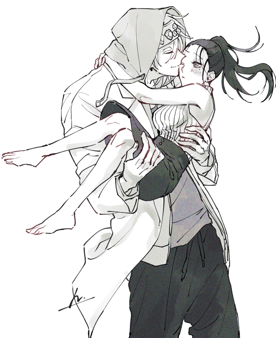 1boy, 1girl, and_rira, barefoot, black_hair, carrying, contemporary, couple