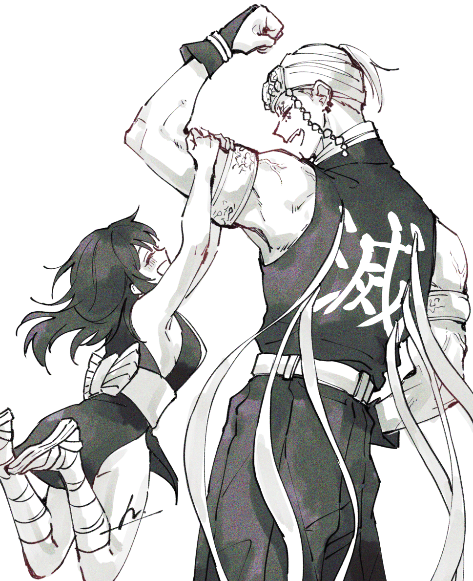 1boy, 1girl, and_rira, armlet, bandage_on_face, closed_eyes, couple, earrings, facial_mark, gem, hanging_on_arm, headband, height_difference, hetero, husband_and_wife, japanese_clothes, jewelry, kimetsu_no_yaiba, kimono, muscle, short_kimono, sleeveless, smile, suma_(kimetsu_no_yaiba), uniform, uzui_tengen