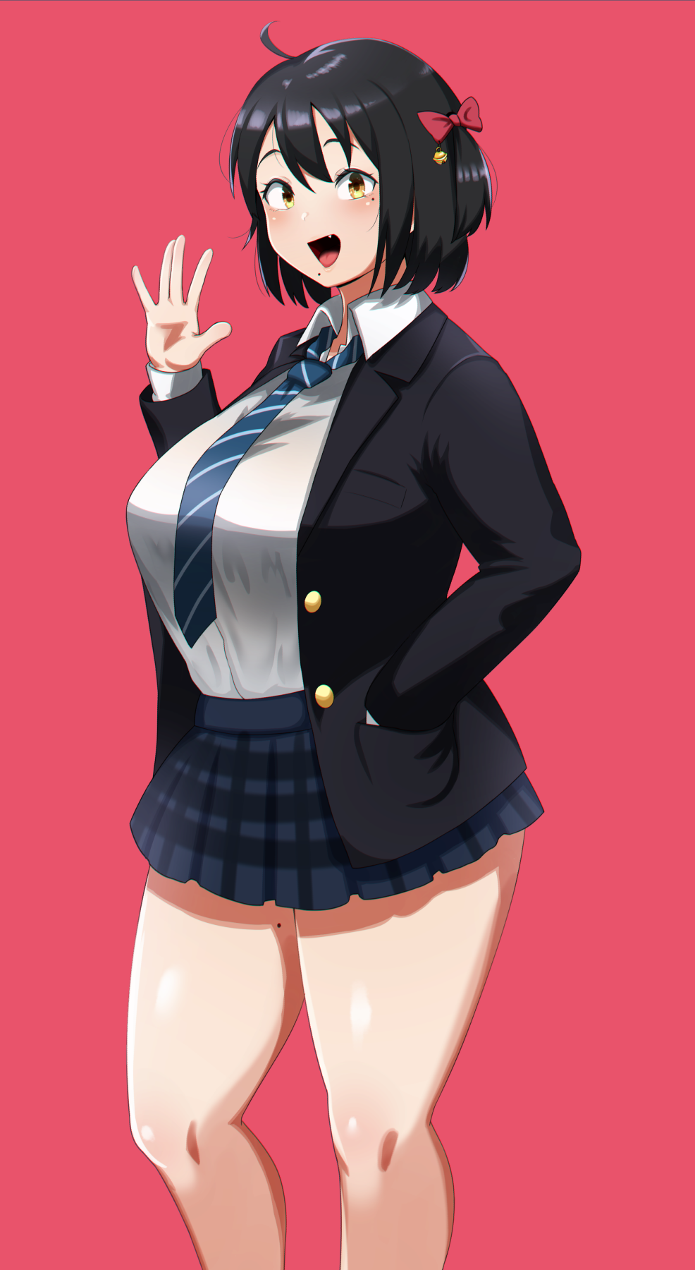 1girl, :d, bell, black_hair, blazer, bow, hair_bow, hand_in_pocket