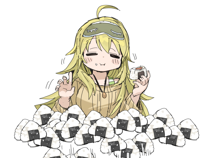 1girl, ahoge, blonde_hair, brown_sweater, closed_eyes, closed_mouth, eating, eye_mask
