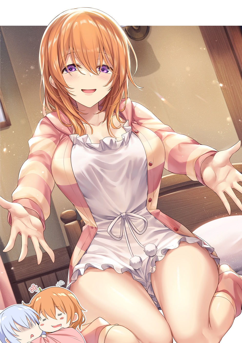 1girl, :d, bangs, bed, border, breasts, cardigan, chibi, closed_eyes, commentary_request, dress, flower, frilled_dress, frills, gochuumon_wa_usagi_desu_ka?, hair_between_eyes, hair_flower, hair_ornament, highres, hoto_cocoa, hug, indoors, kafuu_chino, ks, large_breasts, long_hair, long_sleeves, o_arms, older, open_cardigan, open_clothes, open_mouth, orange_hair, pillow, pink_legwear, short_dress, silver_hair, sitting, smile, striped, striped_sweater, sweater, thighs, violet_eyes, wariza, white_border, white_dress