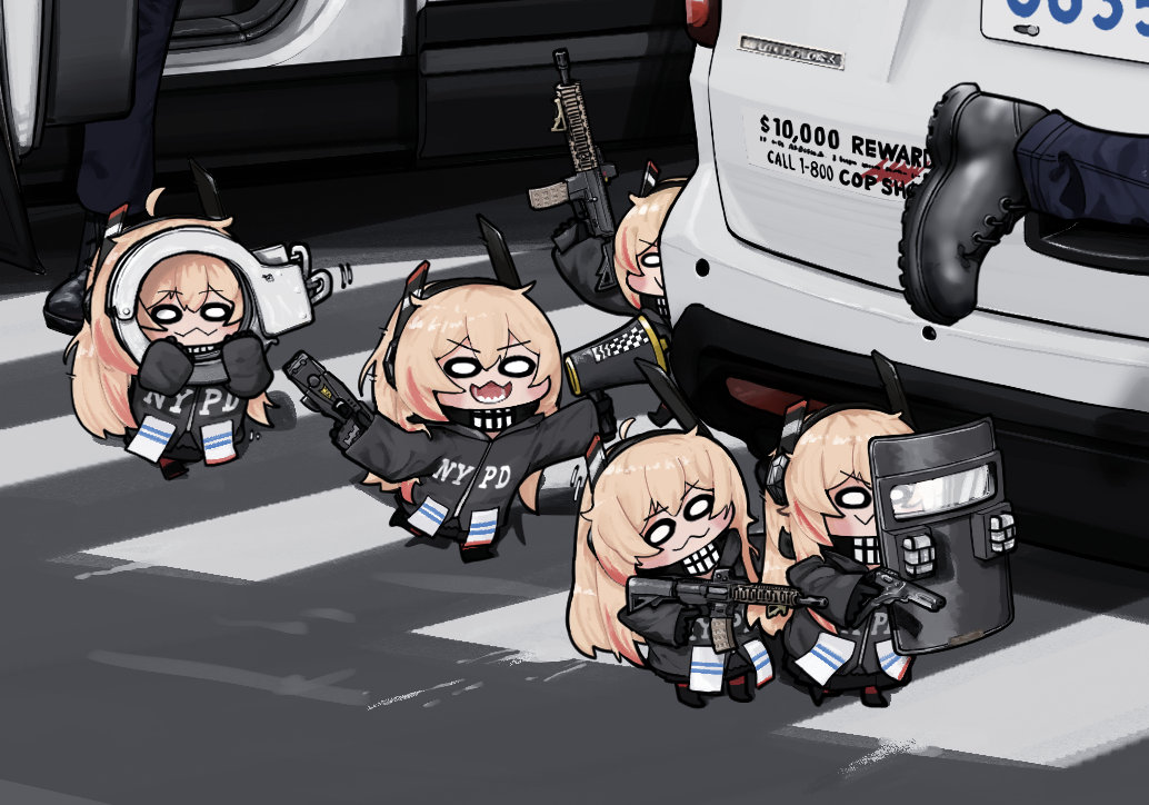 0206qwerty, 0_0, 6+girls, :3, alternate_costume, assault_rifle, black_footwear, black_jacket