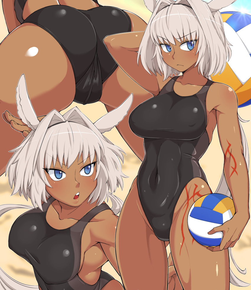 1girl, ass, black_swimsuit, blue_eyes, body_markings, breasts, caenis_(fate), competition_swimsuit, covered_navel, covered_nipples, dark_skin, fate/grand_order, fate_(series), hair_intakes, highres, kurozu_(crozu), large_breasts, looking_at_viewer, one-piece_swimsuit, ponytail, ponytail_holder, swimsuit, tattoo, volleyball, white_hair