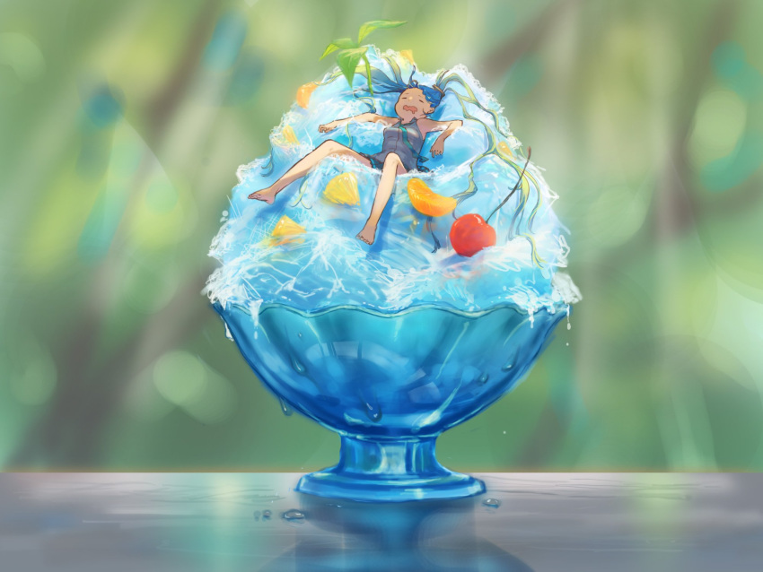 1girl, akizakura_mns, aqua_hair, aqua_neckwear, bare_shoulders, barefoot, black_skirt, cherry