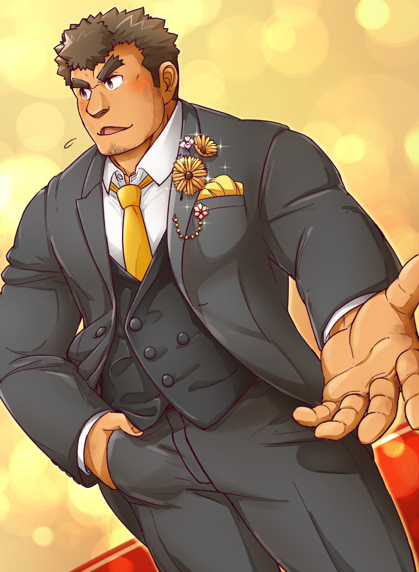 1boy, absurdres, alternate_costume, bara, barry_go, blush, body_hair, brown_hair